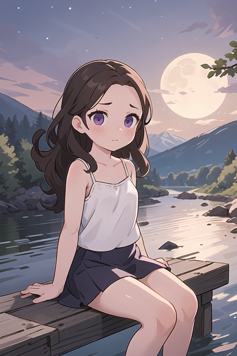 1girl, child, purple eyes, long and curly brown hair, detailed forehead, wearing a short skirt and a camisole, looking embarrassed, sitting by the riverbank, surrounded by mountains in the background, with the moonlight illuminating the scene.