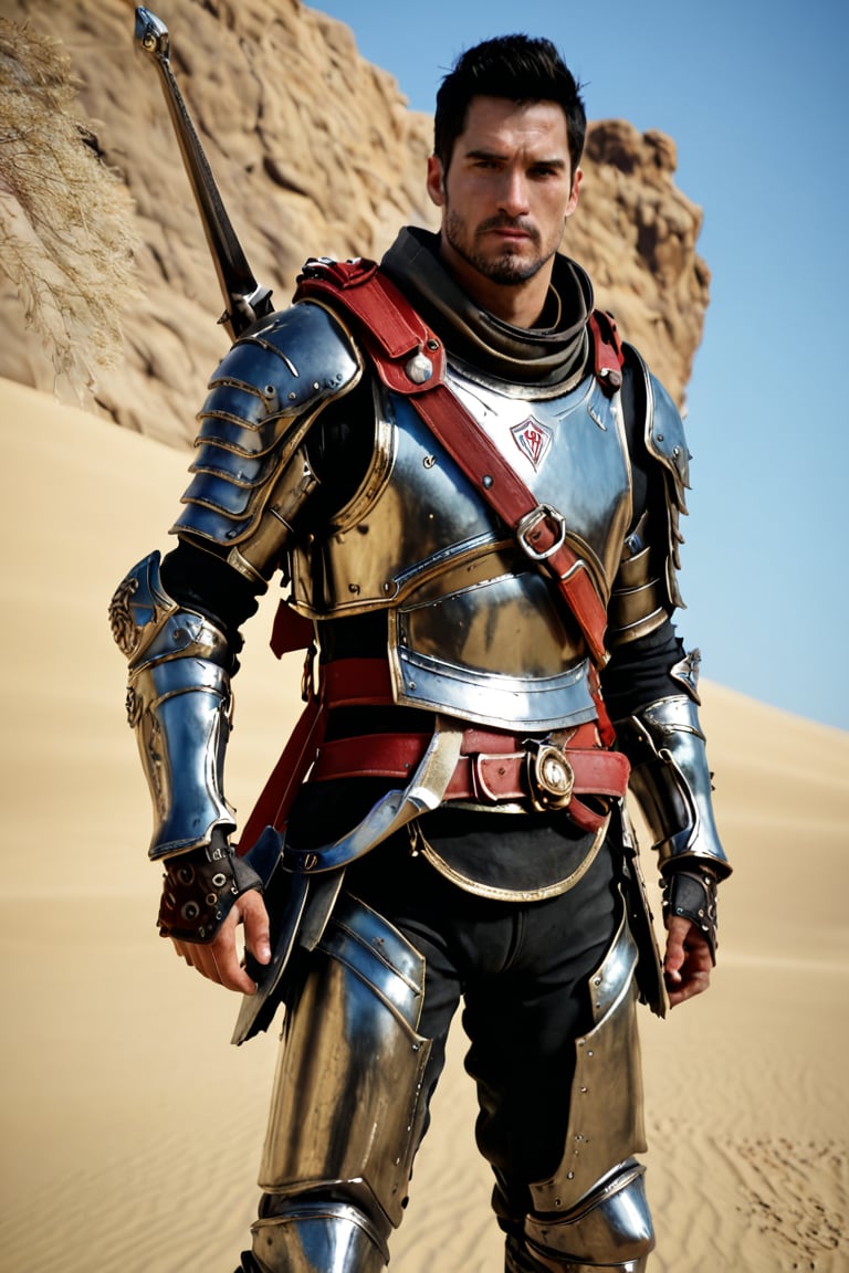 bdo_warrior, scene from movie, 1man, upper body, left side view, short black hair, facial hair, red eyes, Trailblazer outfit, brown armor, belt over chest, metal gauntlet, background of desert, sophisticated details, sharp focus, masterpiece, perfect anatomy, perfect face, perfect hands, best quality, 8k