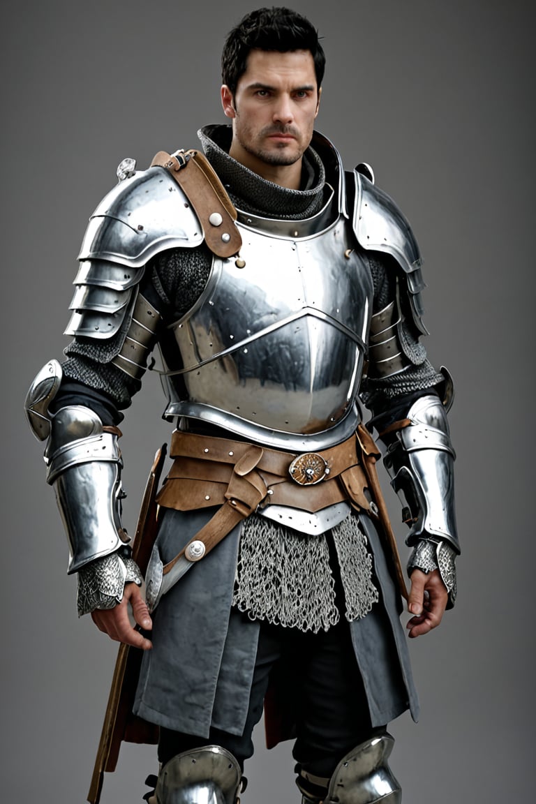 bdo_warrior, scene from movie, 1man, full body, front view, looking at viewer, short black hair, facial hair, knight armor, breastplate, gauntlets, pauldrons, greaves, chainmail, sword and shield on back, grey background, sophisticated details, sharp focus, masterpiece, perfect anatomy, handsome face, perfect hands, best quality, 8k