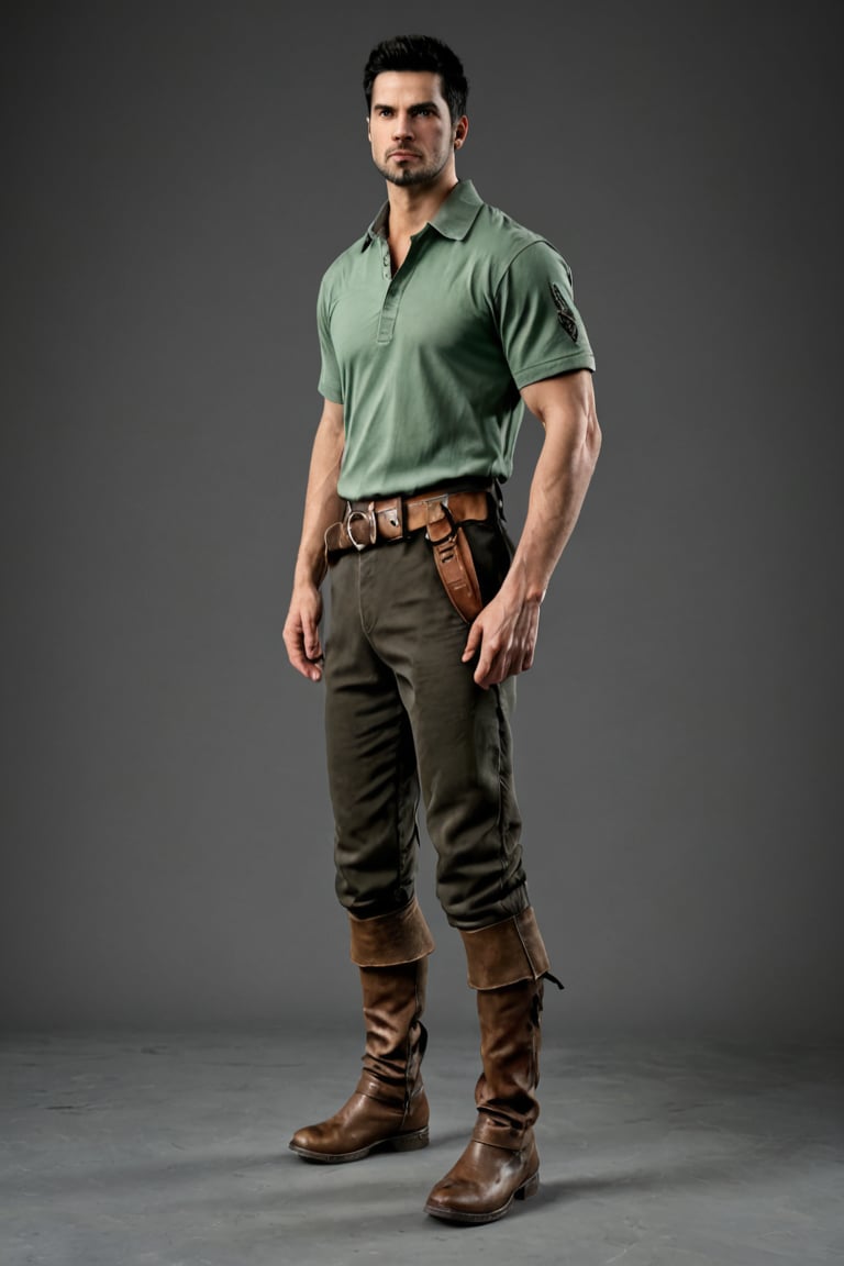 bdo_warrior, scene from movie, 1man, full body, left side view, short black hair, facial hair, green shirt, brown pants, brown boots, grey background, sophisticated details, sharp focus, masterpiece, perfect anatomy, handsome face, perfect hands, best quality