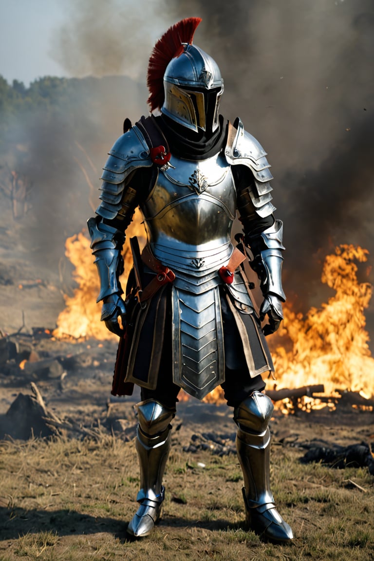 bdo_warrior, scene from movie, 1man, full body, left view, Goyen armor, full armor, helmet, background of battlefield, fire and smoke, sophisticated details, sharp focus, masterpiece, perfect anatomy, best quality