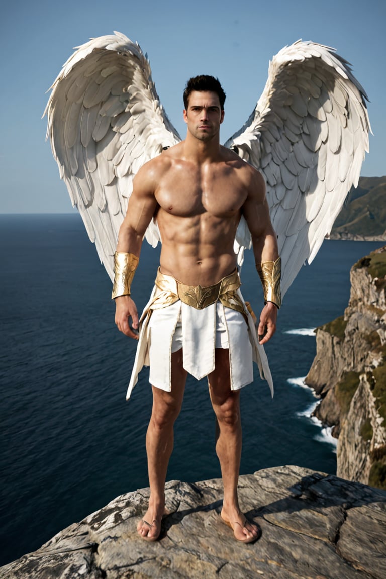 bdo_warrior, scene from movie, 1man, full body, front view, outstretched hands, slight smile, short black hair, facial hair, white angel wings, shoulder armor and gauntlets, white pants, golden sandals, bare chest, on top of a cliff, background of ocean, sophisticated details, sharp focus, masterpiece, perfect anatomy, handsome face, perfect hands, best quality