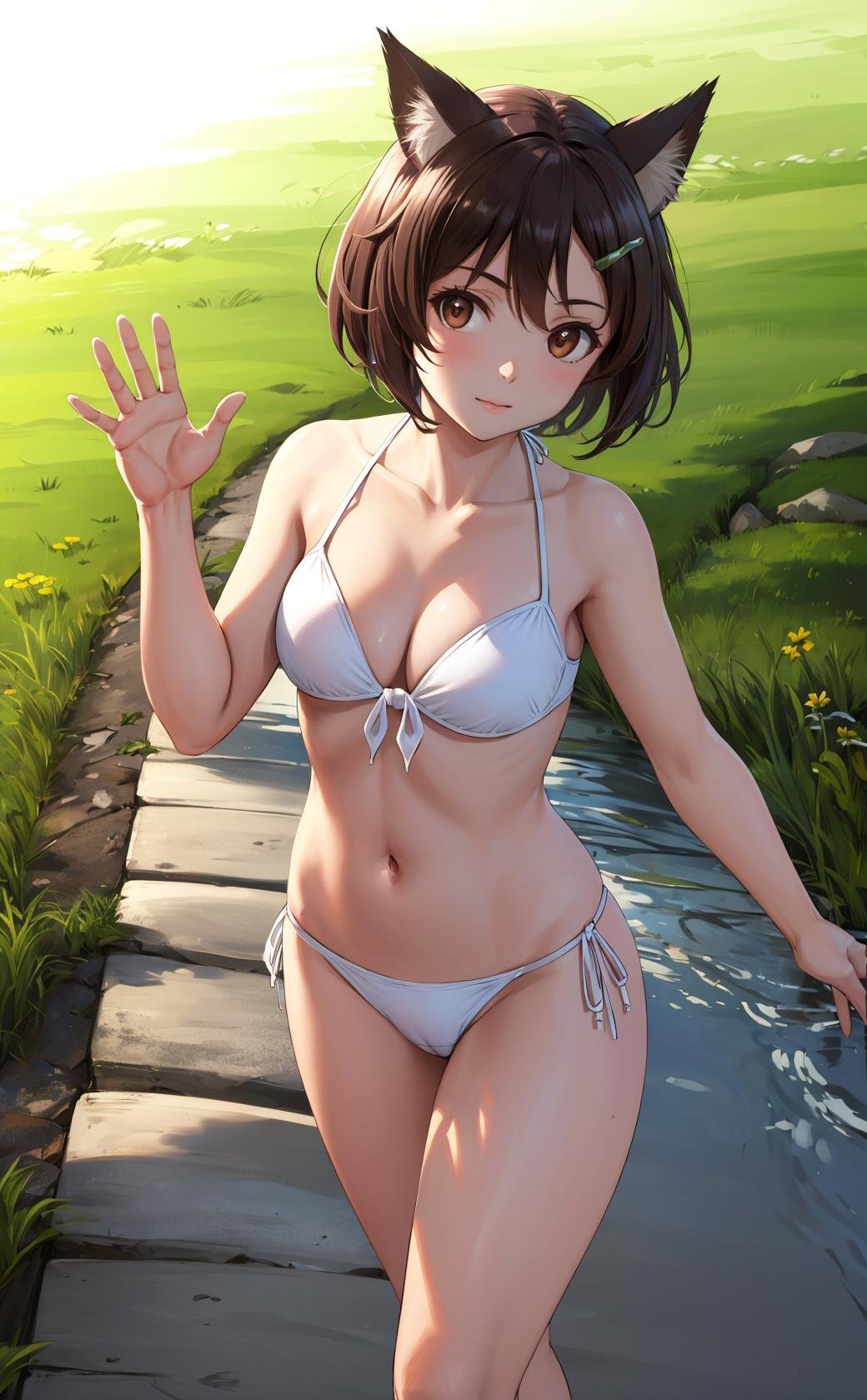 masterpiece, best quality, highres,HikariDef, 1girl, solo, short hair, brown eyes, brown hair, hair ornament, hairclip, dog ears, dog tail, dog girl, bikini, side-tie bikini bottom, white bikini, bikini top only, panties, cameltoe, bare shoulders, cowboy shot, waving, waving arms, looking at viewer, outdoors, grass, field, forest, sunlight, sky, blue sky, <lora:Hikari:1>