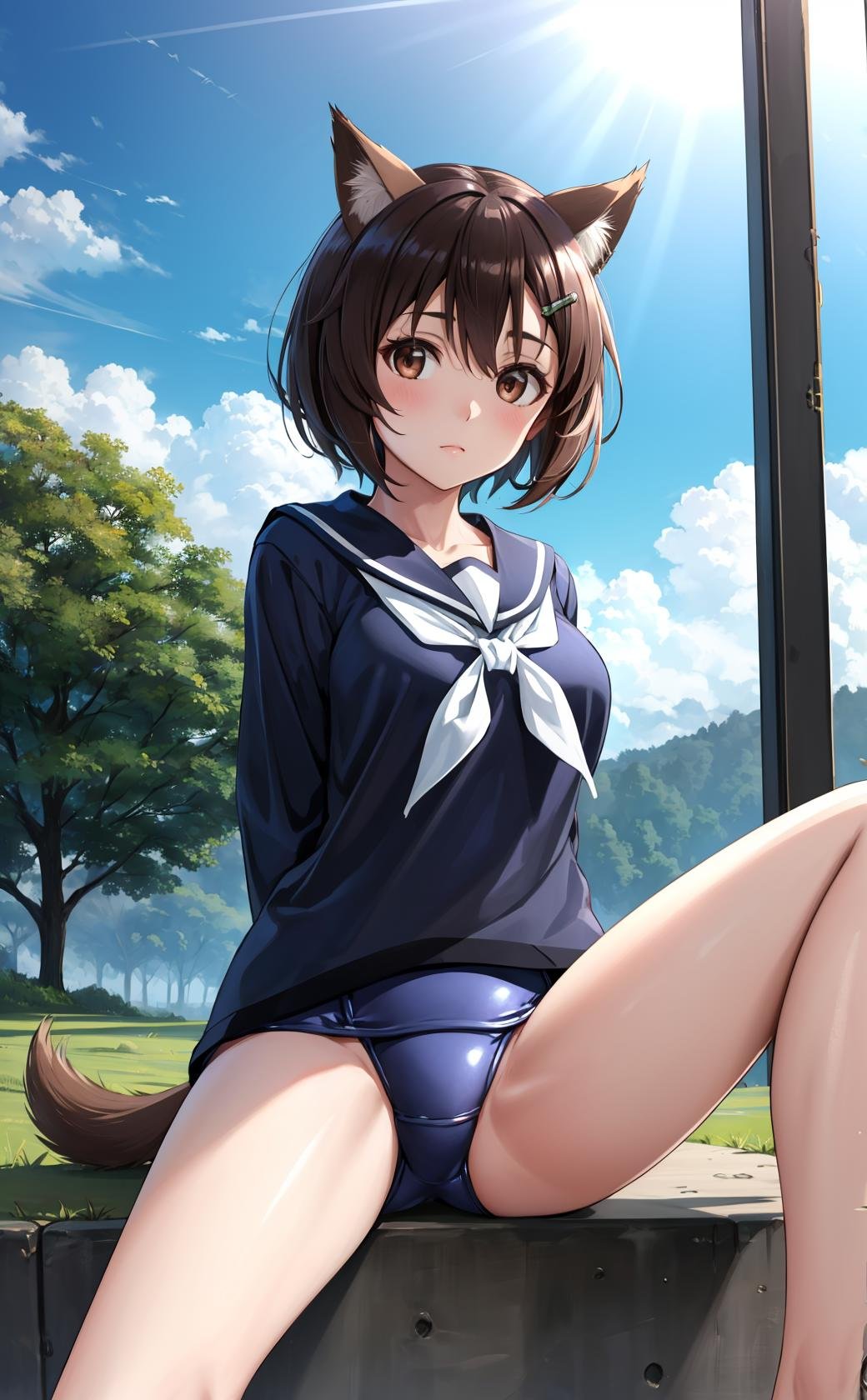 masterpiece, best quality, highres,HikariDef, 1girl, solo, short hair, brown eyes, brown hair, hair ornament, hairclip, dog ears, dog tail, dog girl, shirt, school uniform, swimsuit, serafuku, shiny, sailor collar, neckerchief, one-piece swimsuit, school swimsuit, blue one-piece swimsuit, swimsuit under clothes, sailor shirt, old school swimsuit,sitting, spread legs, cowboy shot, arms behind back, looking at viewer, outdoors, grass, field, forest, sunlight, sky, blue sky, <lora:Hikari:1>