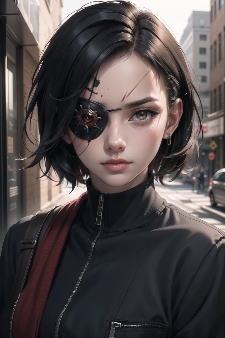masterpiece, beautiful, high_resolution, hig_detailed, portrait, face_focus, girl, red_eyes, short-hair, black_hair, scar_on_face, eye_patch, black_jacket, looking_at_viewer, serious, intimidating, street, complex_baciground, mountage,eyepatch, fantasy00d