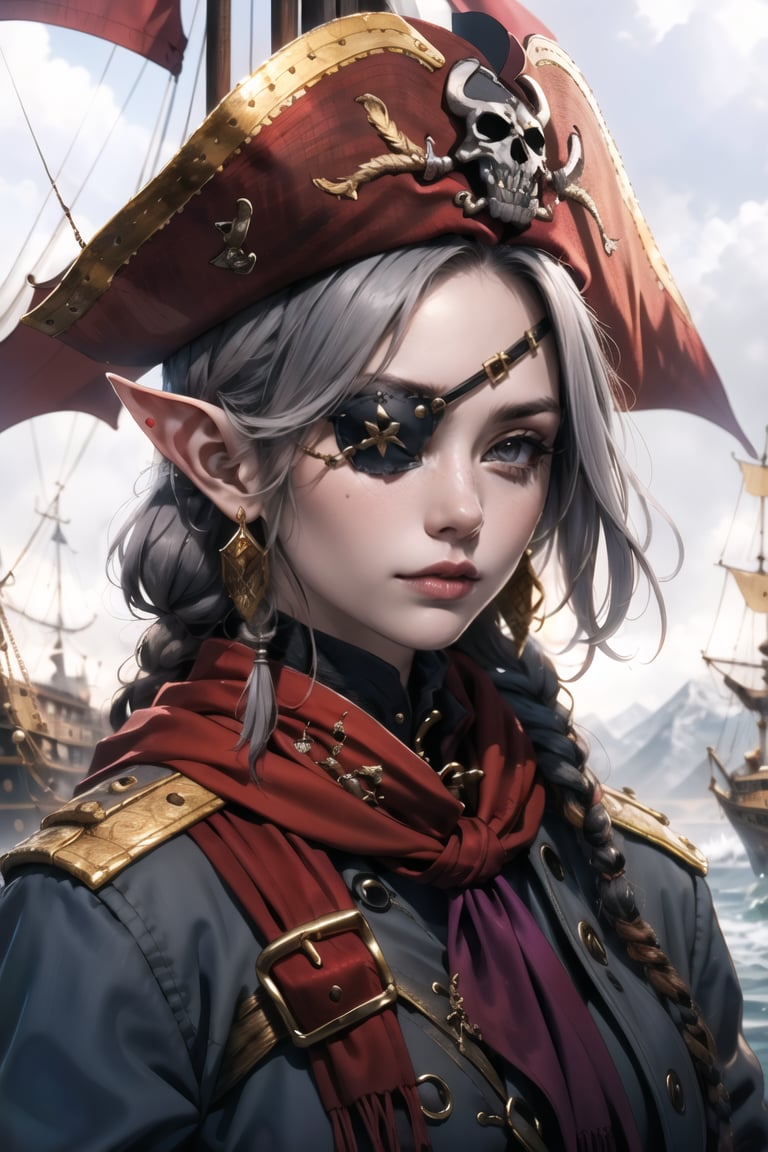 masterpiece, beautiful, high_resolution, hig_detailed, portrait, face_focus, girl, purple_eyes, dreadlocks, black_hair, (gray_skin:1.1), elf_ears, pirate_outfit, pirate_patch, looking_at_viewer, serious, pirate ship, complex_baciground, mountage,eyepatch,gray skin,fantasy00d