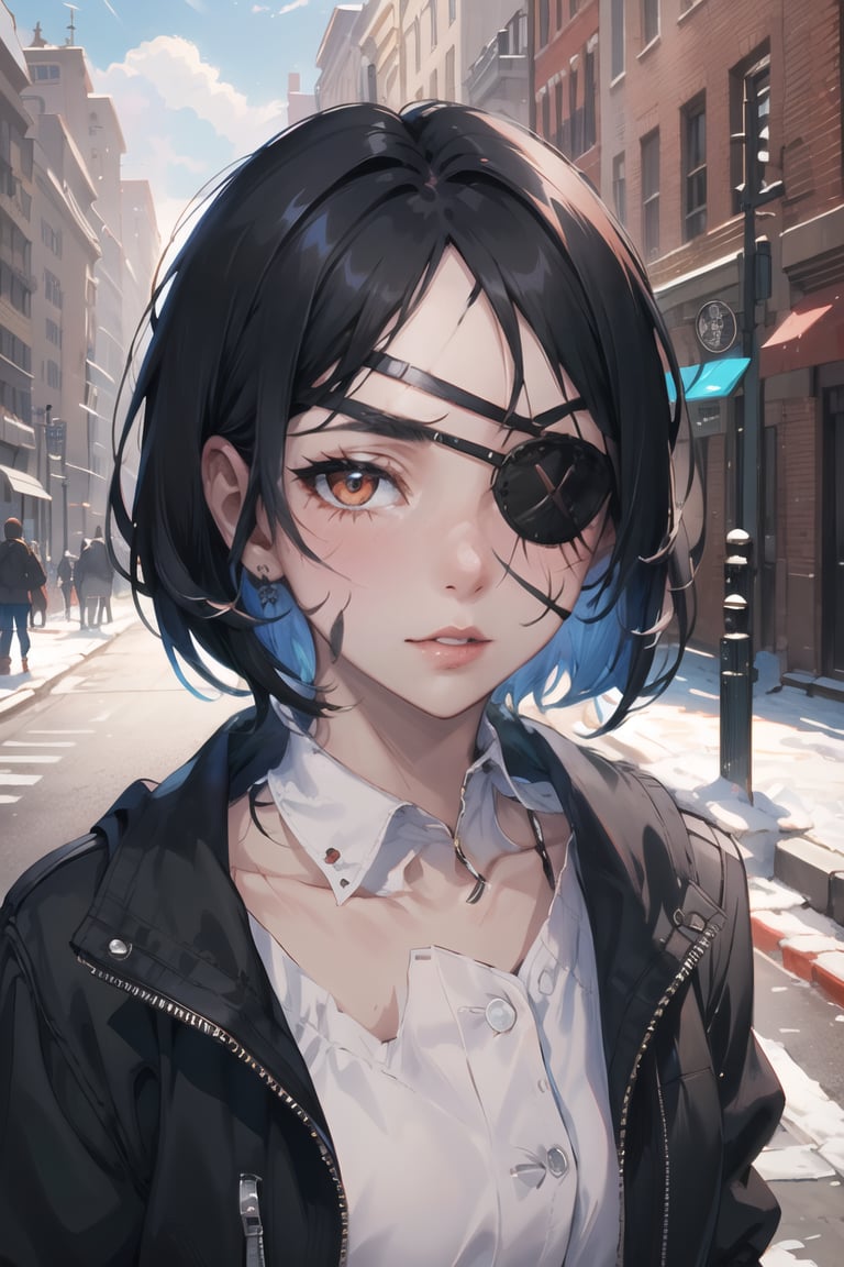 masterpiece, beautiful, high_resolution, hig_detailed, portrait, face_focus, girl, red_eyes, short-hair, black_hair, scar_on_face, eye_patch, black_jacket, looking_at_viewer, serious, street, complex_baciground, mountage,eyepatch, fantasy00d