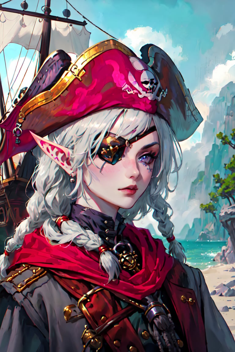 masterpiece, beautiful, high_resolution, hig_detailed, portrait, face_focus, girl, purple_eyes, dreadlocks, colored_skin, gray_skin, elf_ears, pirate_outfit, pirate_patch, looking_at_viewer, serious, pirate ship, complex_baciground, mountage,eyepatch,gray skin,fantasy00d