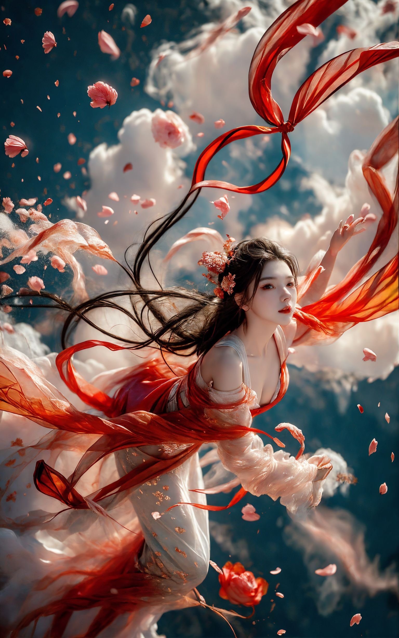 xuer Fairy in Clouds,Clouds,Fog,smoke,(full body:1.1),Fly,(float,fall:1.4),Dynamic Angle,Perspective,medium breasts,(Scattered petal:1.3),Cyan red ribbon,<lora:绪儿-云中仙V3 xuer Fairy in Clouds:0.8>,long hair,