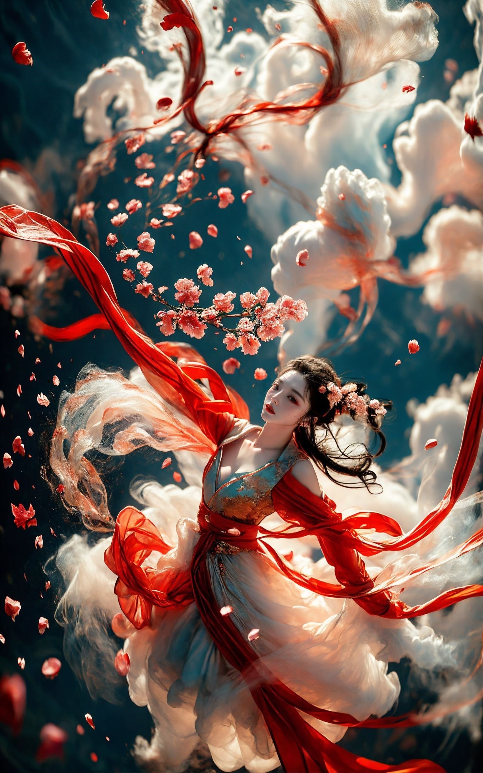 xuer Fairy in Clouds,Clouds,Fog,smoke,(full body:1.1),Fly,(float,fall:1.4),Dynamic Angle,Perspective,medium breasts,(Scattered petal:1.3),Cyan red ribbon,<lora:绪儿-云中仙V3 xuer Fairy in Clouds:0.8>,