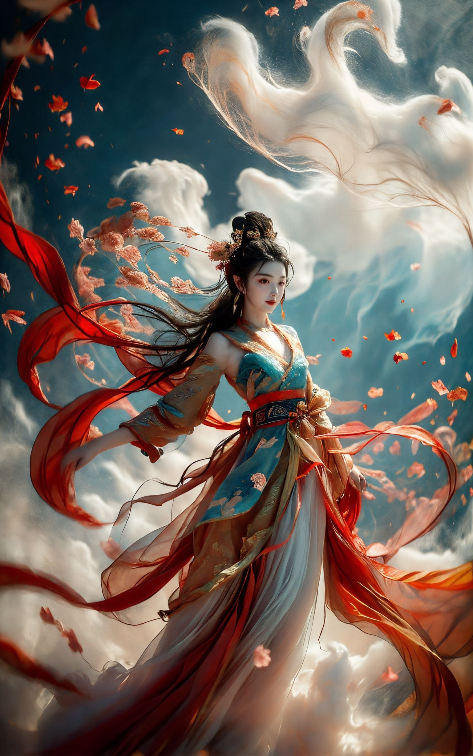 xuer Fairy in Clouds,Clouds,Fog,smoke,(full body:1.1),Fly,(float,fall:1.4),Dynamic Angle,Perspective,medium breasts,(Scattered petal:1.3),Cyan red ribbon,(A young girl dressed in an ancient Chinese Dunhuang costume is flies over,Dunhuang style, Dunhuang mural background, influenced by ancient chinese art:1.2),<lora:绪儿-云中仙V3 xuer Fairy in Clouds:0.8>,long hair,