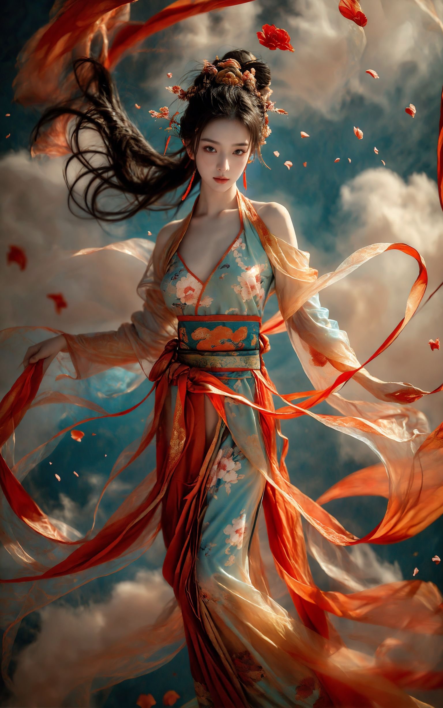 xuer Fairy in Clouds,Clouds,Fog,smoke,(full body:1.1),Fly,(float,fall:1.4),Dynamic Angle,Perspective,medium breasts,(Scattered petal:1.3),Cyan red ribbon,(A young girl dressed in an ancient Chinese Dunhuang costume is flies over,Dunhuang style, Dunhuang mural background, influenced by ancient chinese art:1.2),<lora:绪儿-云中仙V3 xuer Fairy in Clouds:0.8>,long hair,