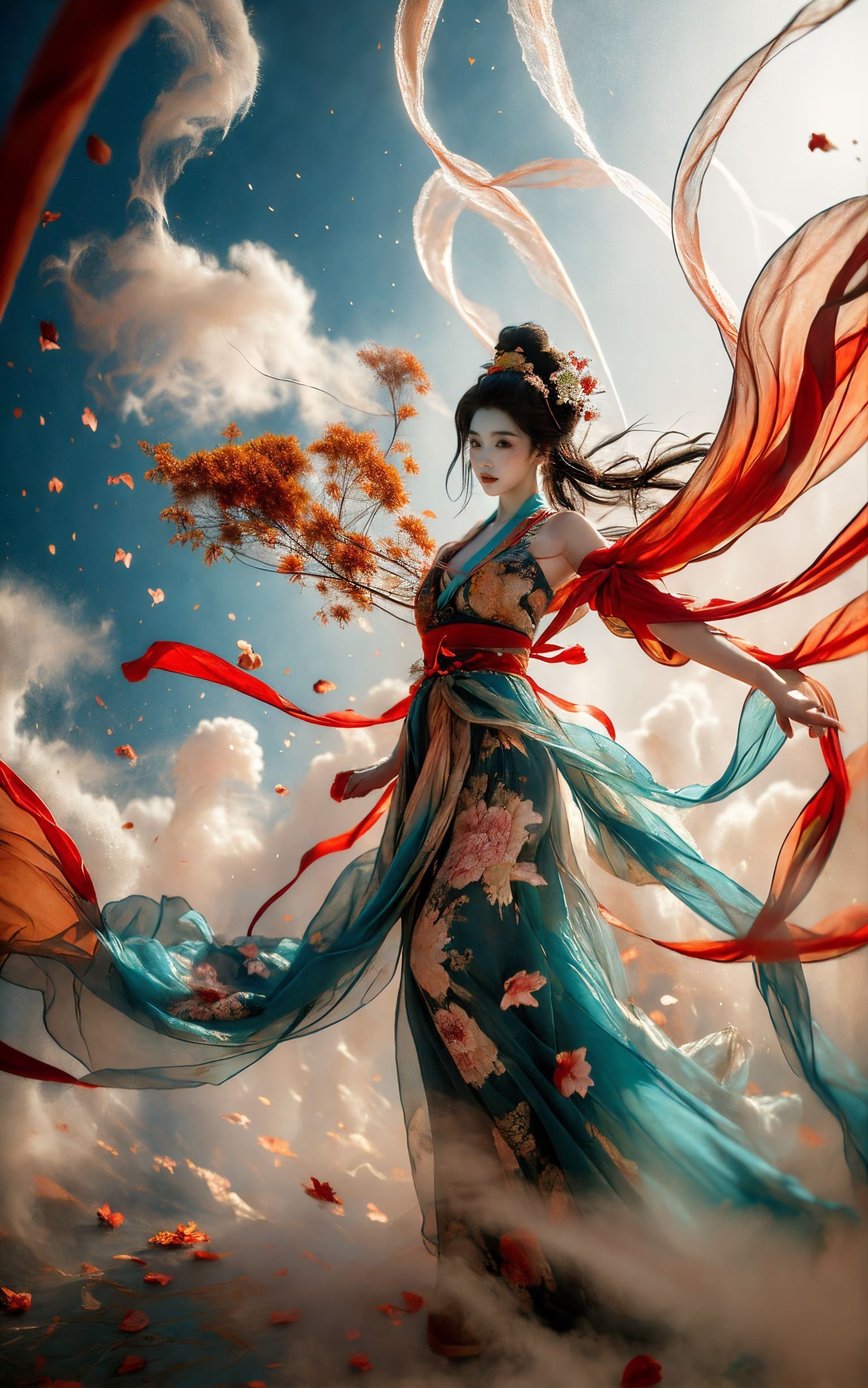 xuer Fairy in Clouds,Clouds,Fog,smoke,(full body:1.1),Fly,(float,fall:1.4),Dynamic Angle,Perspective,medium breasts,(Scattered petal:1.3),Cyan red ribbon,A young girl dressed in an ancient Chinese Dunhuang costume is flies over,Dunhuang style,Dunhuang mural background,influenced by ancient chinese art,<lora:绪儿-云中仙V3 xuer Fairy in Clouds:0.8>,long hair,