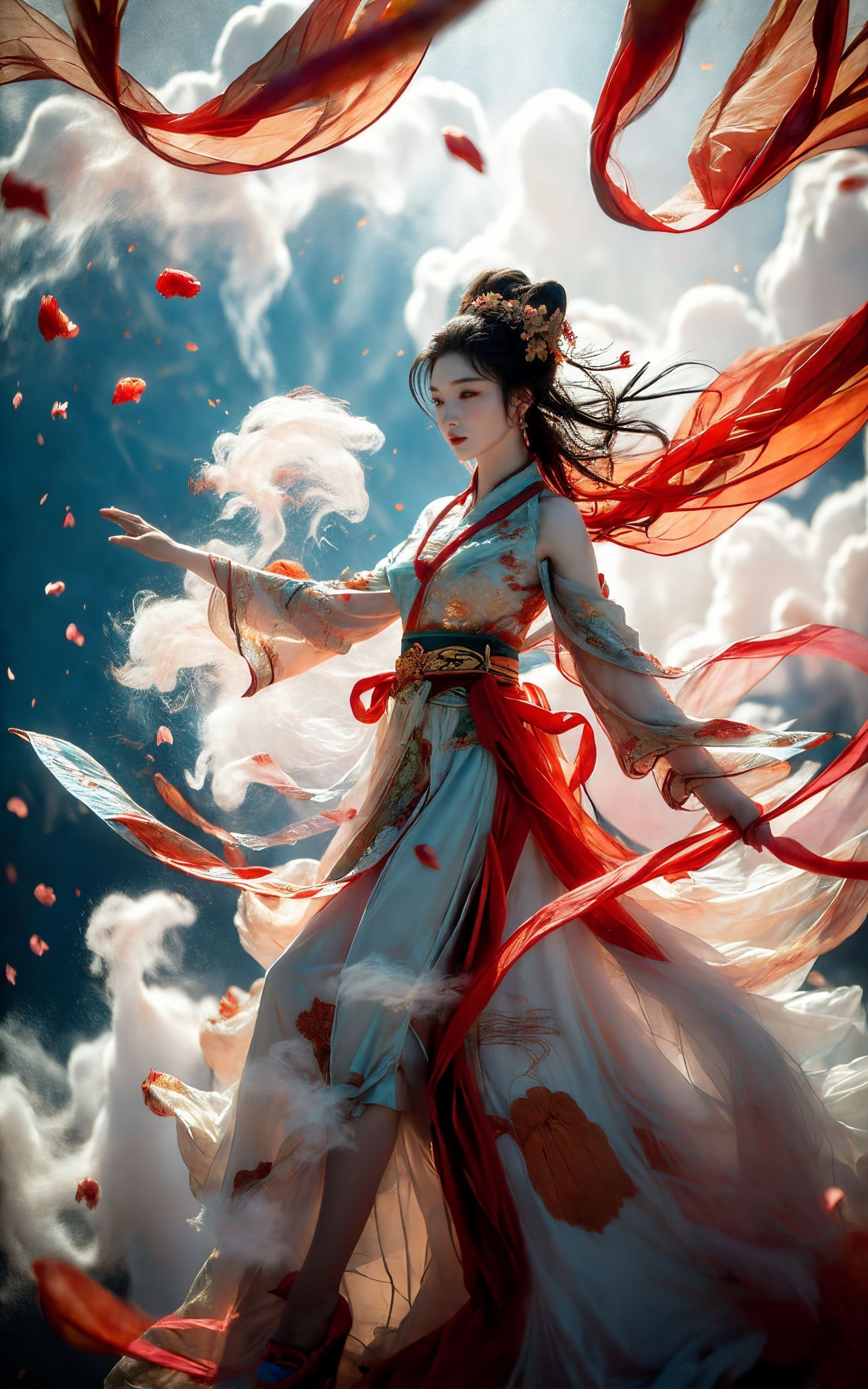 xuer Fairy in Clouds,Clouds,Fog,smoke,(full body:1.1),Fly,(float,fall:1.4),Dynamic Angle,Perspective,medium breasts,(Scattered petal:1.3),Cyan red ribbon,A young girl dressed in an ancient Chinese Dunhuang costume is flies over,Dunhuang style,Dunhuang mural background,influenced by ancient chinese art,<lora:绪儿-云中仙V3 xuer Fairy in Clouds:0.8>,long hair,