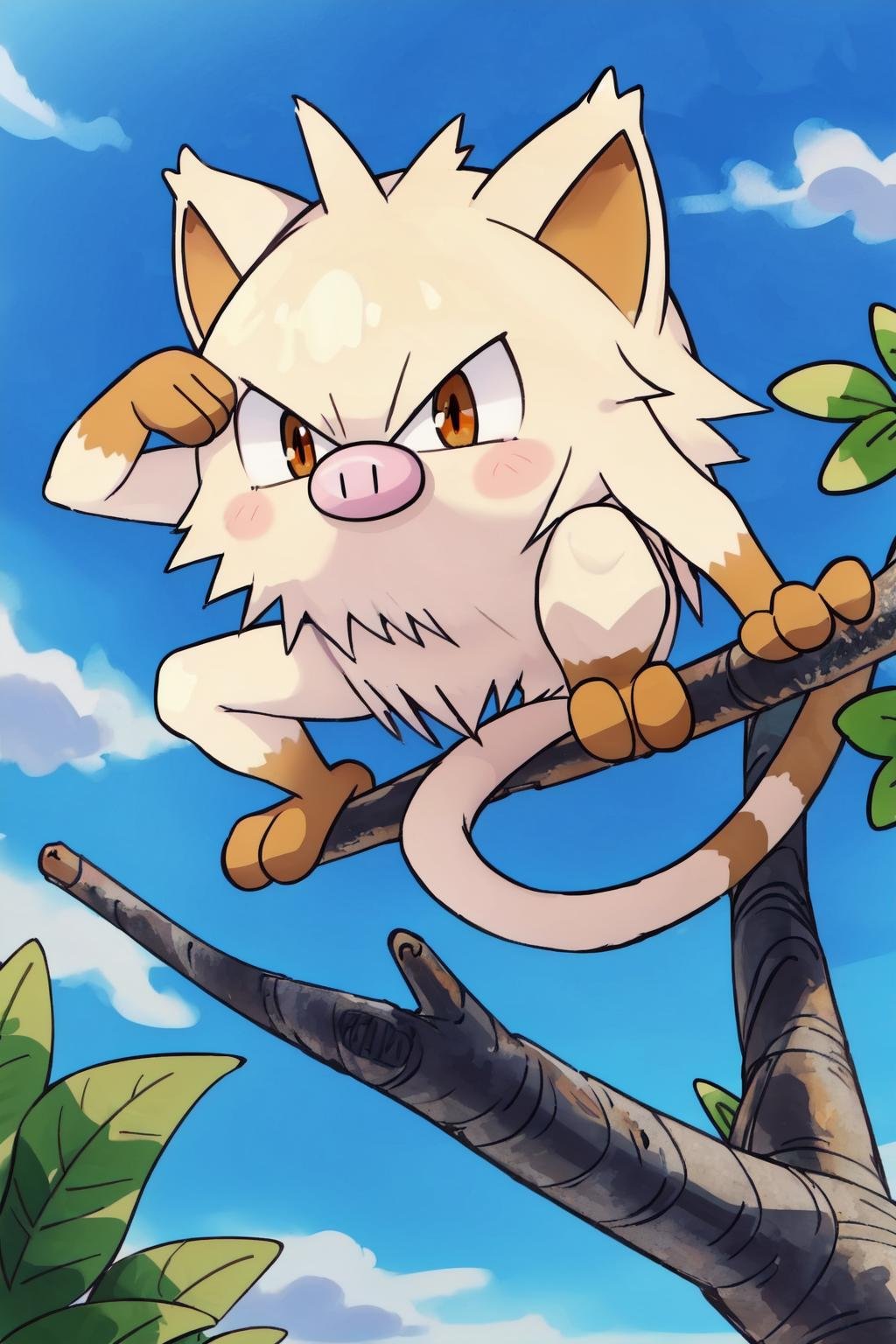 mankey, cute, kawaii,big eyes,solo, pokemon \(creature\), full body, orange eyes,happy, looking ahead, on top of a tree, outdoors, blue sky, day,(sitting),leaf,pig nose,monkey tail,tail,hands down, (best quality, masterpiece) <lora:mankey_v1:1> 