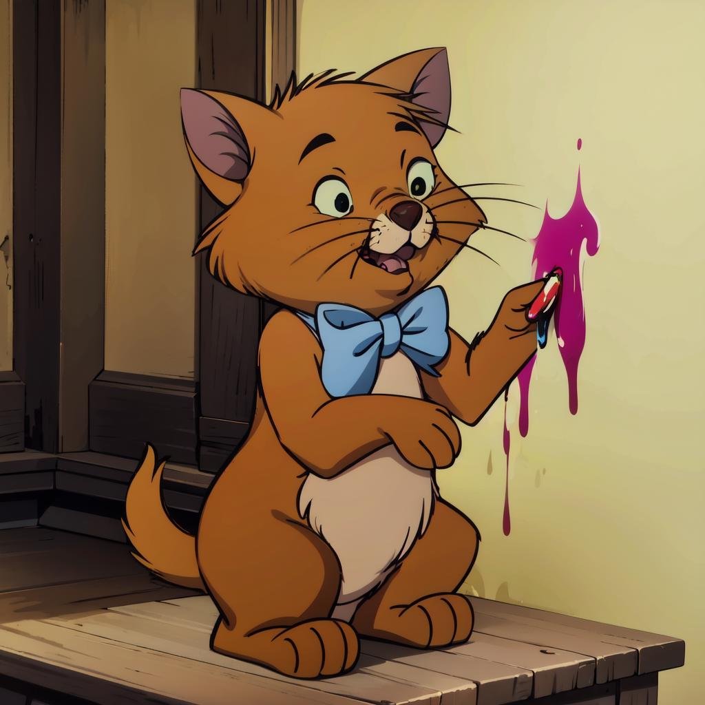 toulouse, kitten, no humans, light blue bowtie, animal focus, solo, indoors, whiskers, black eyes, yellow sclera, canvas \(object\),paint,from side, standing,on hind legs, orange fur, paint tubes ,(best quality, masterpiece,anime screencap) <lora:toulouse_v1:1> 