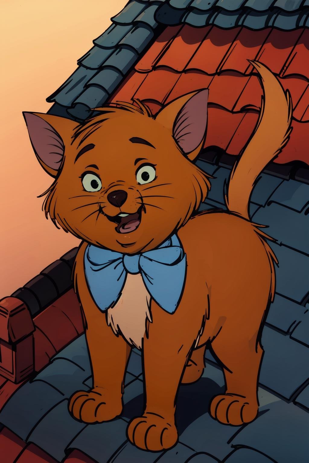 toulouse, kitten, animal focus, no humans, whiskers, open mouth, full body, solo, light blue bowtie, (straight-on), black eyes, sketch, standing, green sclera, orange fur, day, on roof,rooftop, whiskers, smile, looking at viewer,  tail,  (best quality, masterpiece) <lora:toulouse_v1:1> 