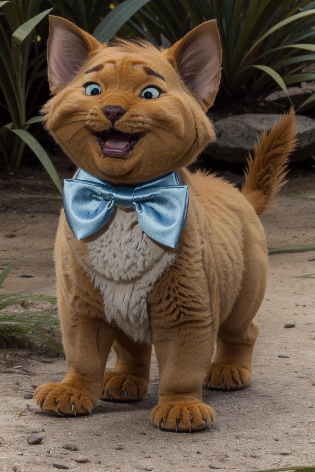 toulouse, kitten, animal focus, no humans, outdoors, open mouth, full body, solo, light blue bowtie, grass, plant, black eyes, sketch, standing, green sclera, from side, flower, orange fur, leaf, ribbon,tail,  (best quality, masterpiece,realistic) <lora:toulouse_v1:1> 