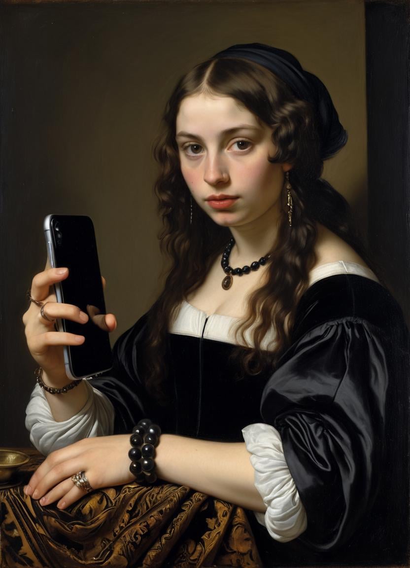 oil painting of ring, jewelry, 1girl, using an iPhone, black dress, bracelet, realistic, looking at viewer, lips, black hair, black eyes, by Rembrandt, Caravaggio, Artemisia Gentileschi, Diego Velázquez, Frans Hals, Peter Paul Rubens, and Johannes Vermeer<lora:fflixbar-000018:1>
