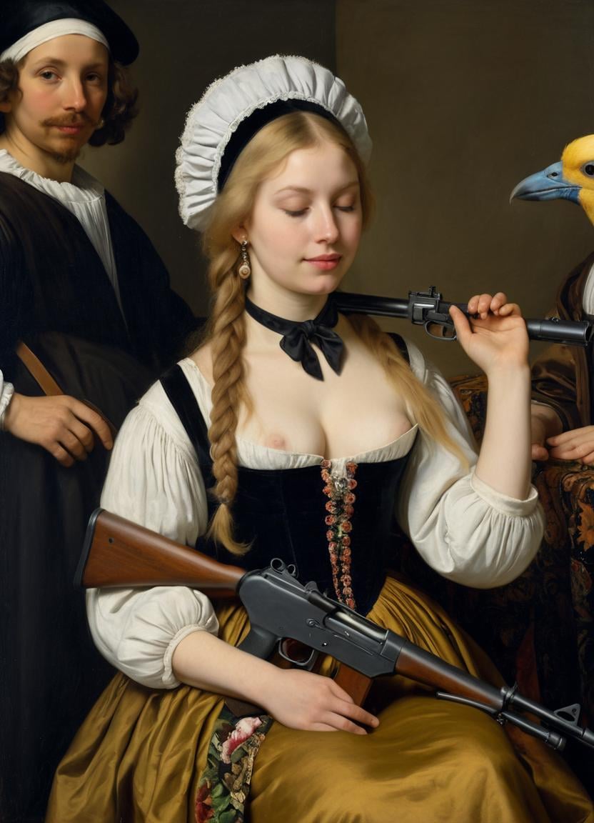 oil painting of 1girl, holding a machine gun, jewelry, sexy dress, music, earrings, sitting, bird on shoulder, 25 years old woman, body augmentation(medium breasts), blonde hair, smile, cleavage, realistic, animal on shoulder, choker, hat ribbon, long sleeves, fine art parody, braid, signature, holding a machine gun, floral print, long hair, bow, mob cap, lips, frills, closed mouth, closed eyes, by Rembrandt, Caravaggio, Artemisia Gentileschi, Diego Velázquez, Frans Hals, Peter Paul Rubens, and Johannes Vermeer<lora:fflixbar-000018:1>