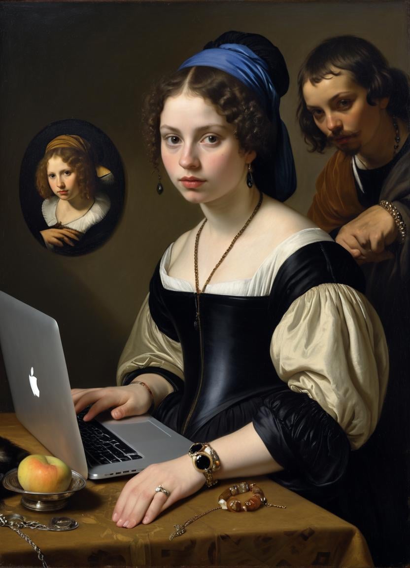 oil painting of ring, jewelry, 1girl, using a MacBook, black dress, bracelet, realistic, looking at viewer, lips, black hair, black eyes, by Rembrandt, Caravaggio, Artemisia Gentileschi, Diego Velázquez, Frans Hals, Peter Paul Rubens, and Johannes Vermeer<lora:fflixbar-000018:1>