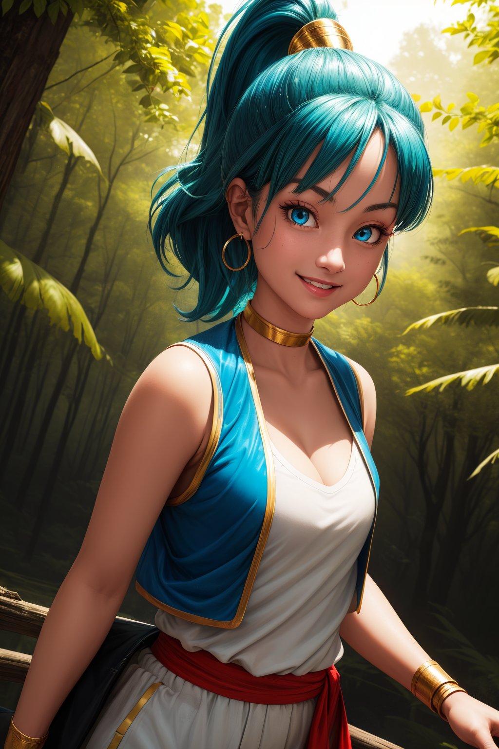 bulma, 1girl, solo, blue eyes, blue hair, aqua hair, bangs, high ponytail, earrings,arabian clothes, white shirt, blue vest, white pants, baggy pants, red sash, bare shoulders, sleeveless, cleavage, yellow choker, wristband, neck ring,smile,closed mouth,cowboy shot,upper body,forest,outdoor,(insanely detailed, beautiful detailed face, masterpiece, best quality) cinematic lighting,<lora:DB_Bulma_Arabian_Clothes_v1:1>, <lora:more_details:0.3>,