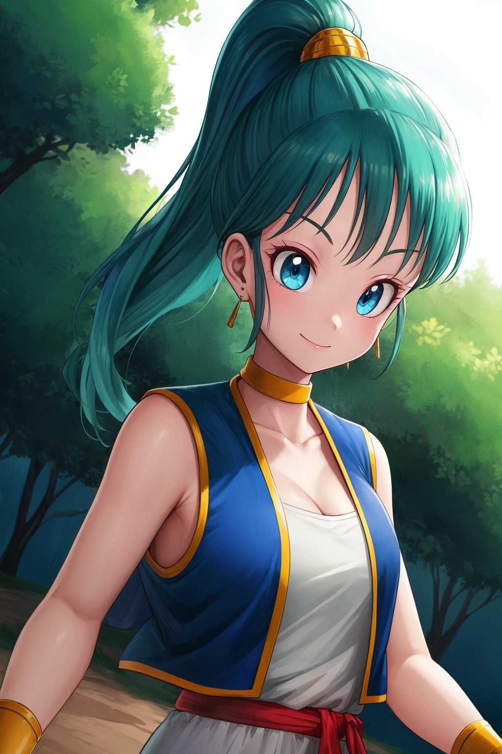 bulma, 1girl, solo, blue eyes, blue hair, aqua hair, bangs, high ponytail, earrings,arabian clothes, white shirt, blue vest, white pants, baggy pants, red sash, bare shoulders, sleeveless, cleavage, yellow choker, wristband, neck ring,smile,closed mouth,cowboy shot,upper body,forest,outdoor,(insanely detailed, beautiful detailed face, masterpiece, best quality) cinematic lighting,<lora:DB_Bulma_Arabian_Clothes_v1:1>, <lora:more_details:0.3>,