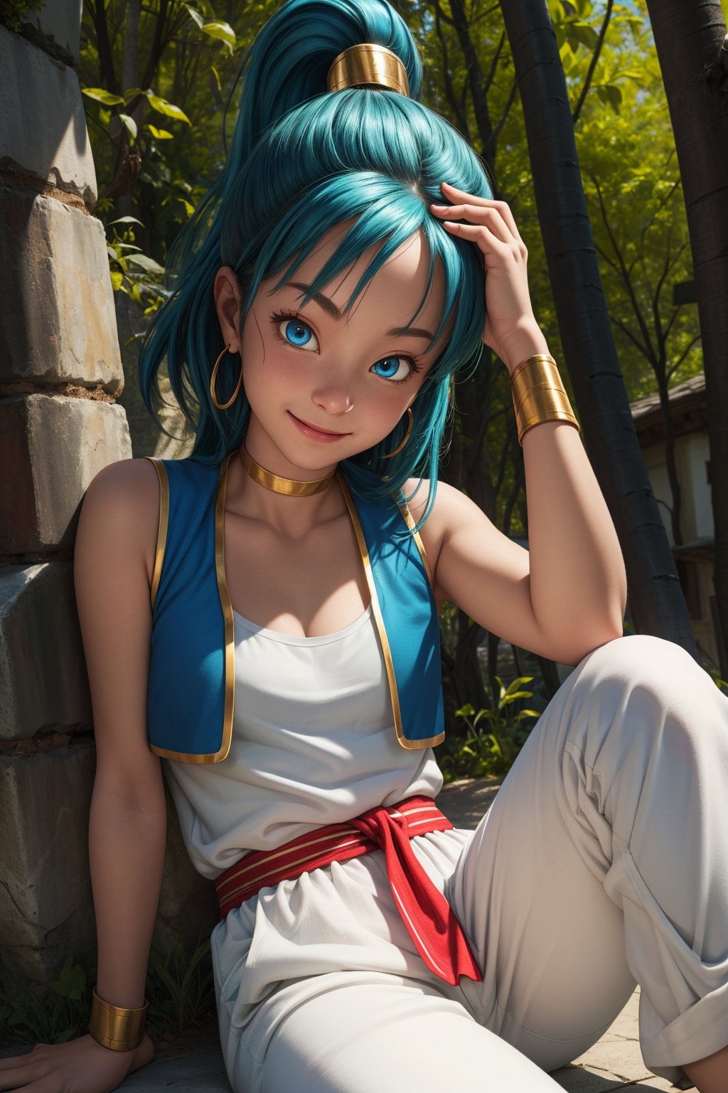 bulma, 1girl, solo, blue eyes, blue hair, aqua hair, bangs, high ponytail, earrings,arabian clothes, white shirt, blue vest, white pants, baggy pants, red sash, bare shoulders, sleeveless, cleavage, yellow choker, wristband, neck ring,smile,closed mouth,sitting, legs apart,forest,outdoor,(insanely detailed, beautiful detailed face, masterpiece, best quality) cinematic lighting,<lora:DB_Bulma_Arabian_Clothes_v1:1>, <lora:more_details:0.3>,