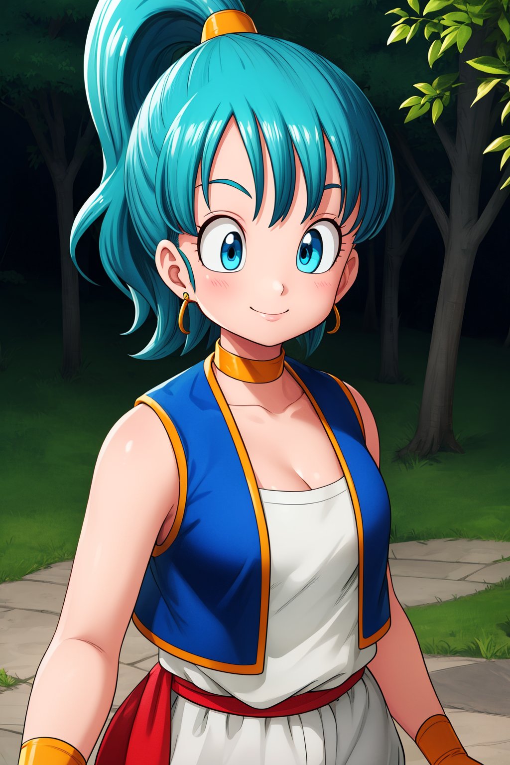 bulma, 1girl, solo, blue eyes, blue hair, aqua hair, bangs, high ponytail, earrings,arabian clothes, white shirt, blue vest, white pants, baggy pants, red sash, bare shoulders, sleeveless, cleavage, yellow choker, wristband, neck ring,smile,closed mouth,cowboy shot,upper body,forest,outdoor,(insanely detailed, beautiful detailed face, masterpiece, best quality) cinematic lighting,<lora:DB_Bulma_Arabian_Clothes_v1:1>, <lora:more_details:0.3>,