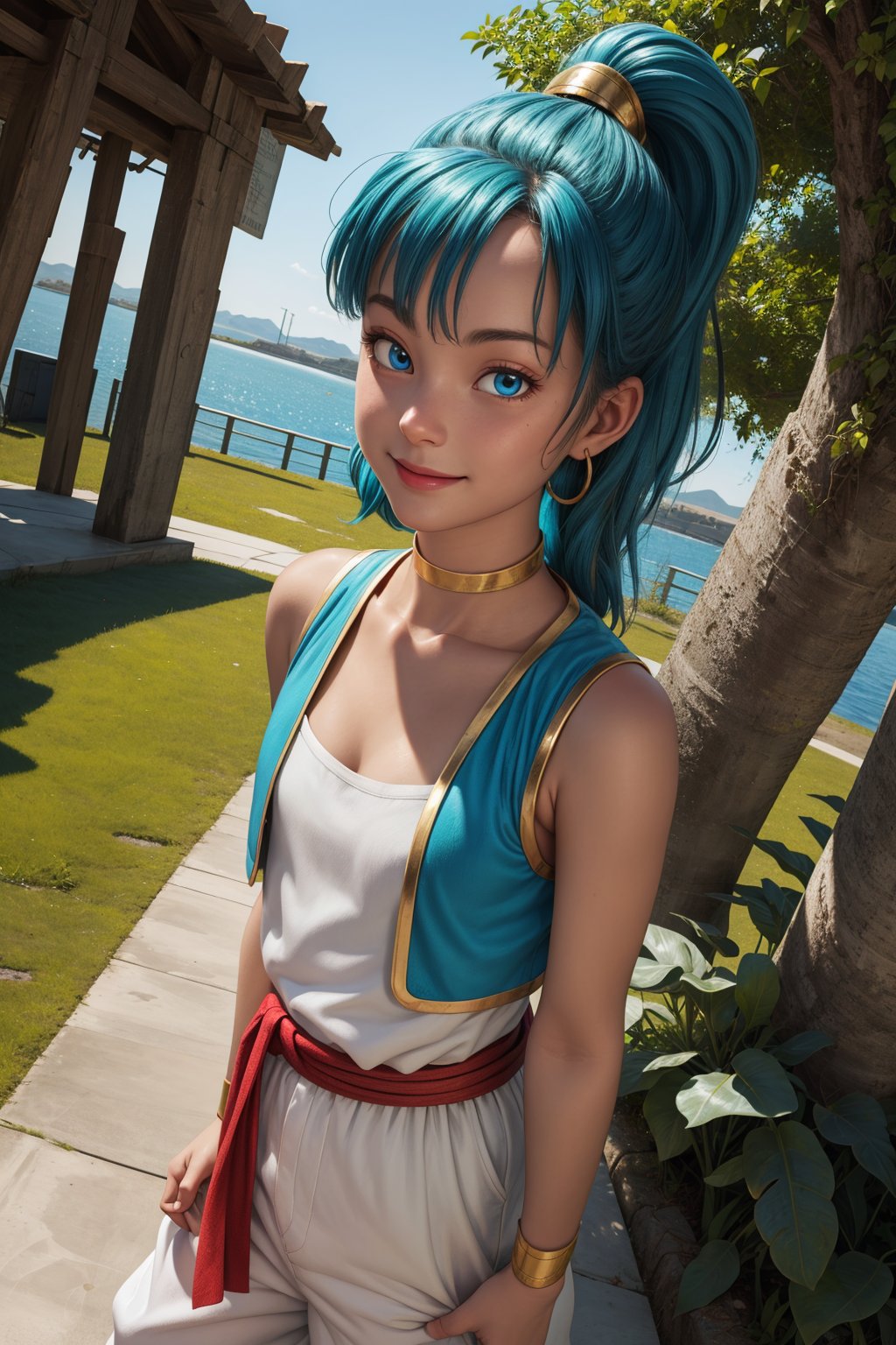 bulma, 1girl, solo, blue eyes, blue hair, aqua hair, bangs, hair, high ponytail, earrings,arabian clothes, white shirt, blue vest, white pants, baggy pants, red sash, bare shoulders, sleeveless, cleavage, yellow choker, wristband, neck ring,smile,closed mouth,cowboy shot,forest,outdoor,(insanely detailed, beautiful detailed face, masterpiece, best quality) cinematic lighting,<lora:DB_Bulma_Arabian_Clothes_v1:1>, <lora:more_details:0.3>,