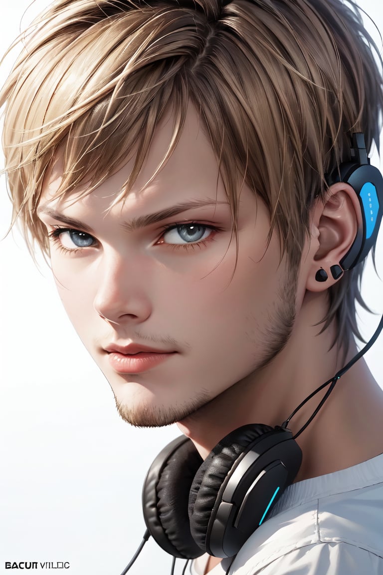 masterpiece, beautiful, high_resolution, hig_detailed, portrait, face_focus, boy in the party, avicii, short-hair, blond_hair, white_blouse, headphones, looking_at_viewer, party, complex_baciground, avicii,photorealistic