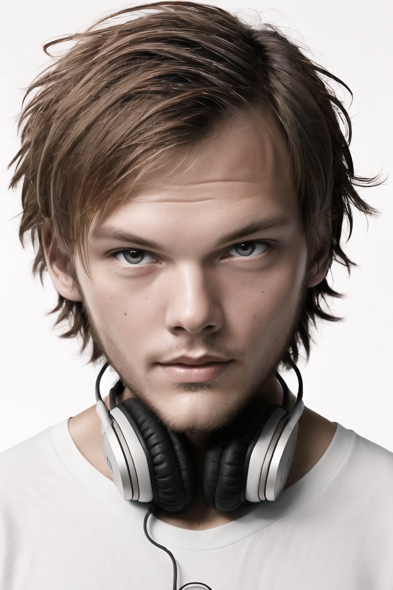 masterpiece, beautiful, high_resolution, hig_detailed, portrait, face_focus, 1boy, avicii, short-hair, blond_hair, white_blouse, headphones, looking_at_viewer, party, complex_baciground, avicii,photorealistic
