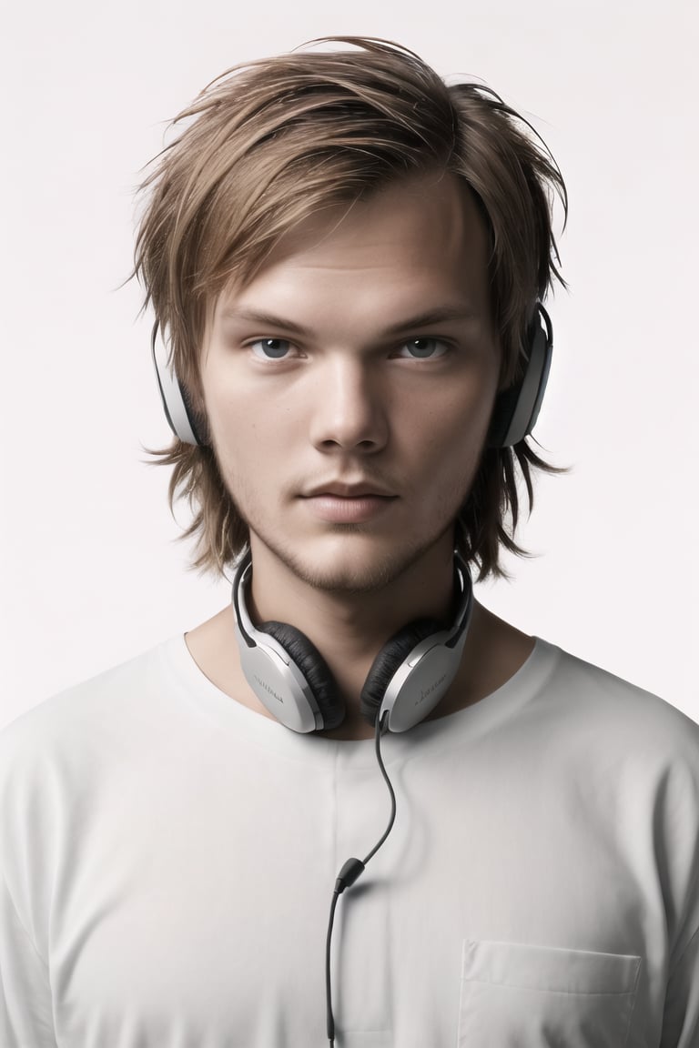 masterpiece, beautiful, high_resolution, hig_detailed, portrait, face_focus, 1boy, avicii, short-hair, blond_hair, white_blouse, headphones, looking_at_viewer, party, complex_baciground, avicii,photorealistic