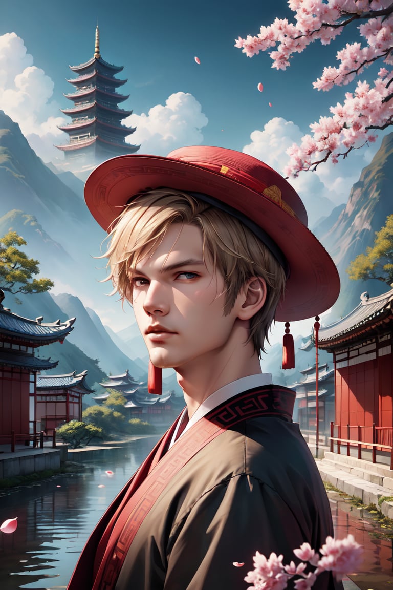 masterpiece, high_resolution, high_detailed, complex_background, portrait, blonde man wearing a chinese hat with an asian temple on the background,avicii, japanese_clothes, zakura_petals, landscape,fantasy00d