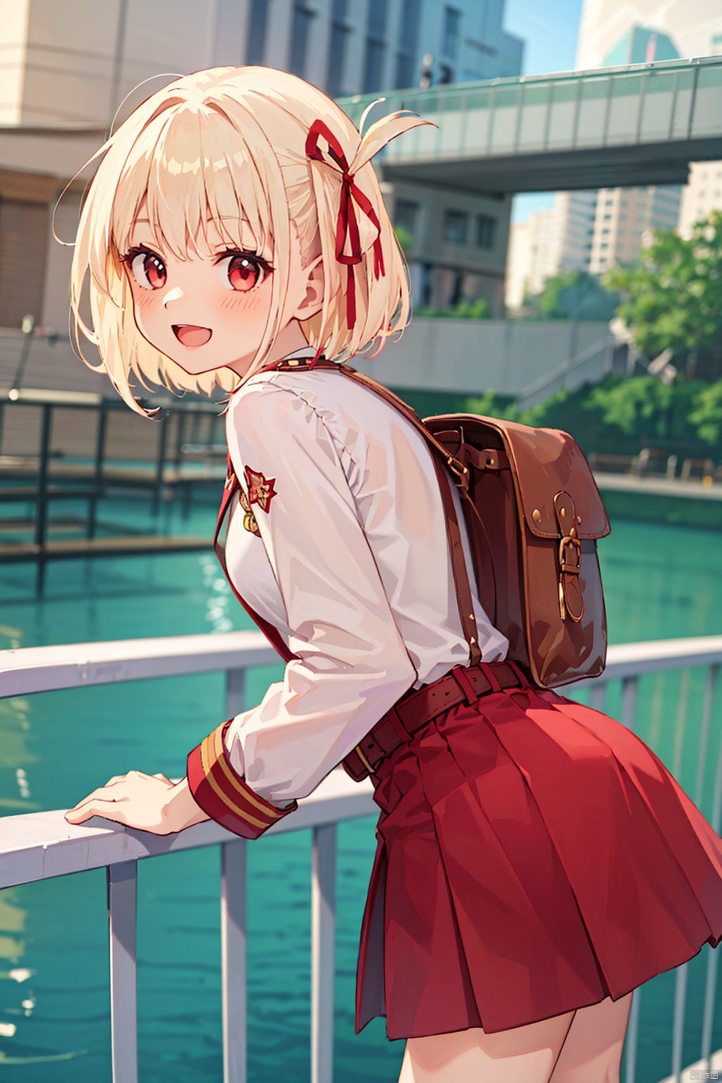  1girl, solo, looking at viewer, blush, smile, short hair, open mouth, bangs, blonde hair, shirt, red eyes, long sleeves, dress, ribbon, hair ribbon, white shirt, :d, outdoors, teeth, day, belt, water, bag, red ribbon, bird, one side up, red dress, bob cut, backpack, building, railing, pleated dress, grey dress, two-tone dress, bridge, red belt, lycoris uniform, nishikigi chisato