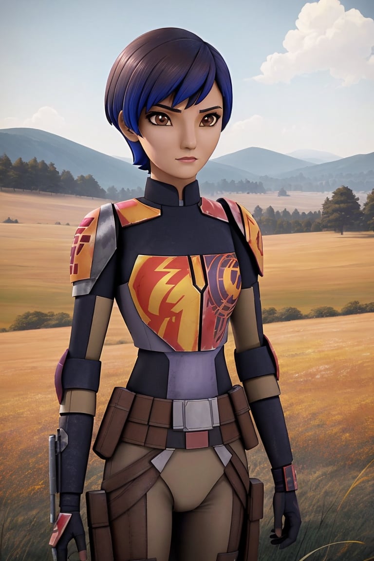 Best quality, Masterpiece, Sabine Wren, grew up, short hair, tanned skin, full very dark purple hair, brown eyes, grey chestplate, blue shoulders pads, plains background, long grass, yellowish grass, yellowish high hills, close to the hills.