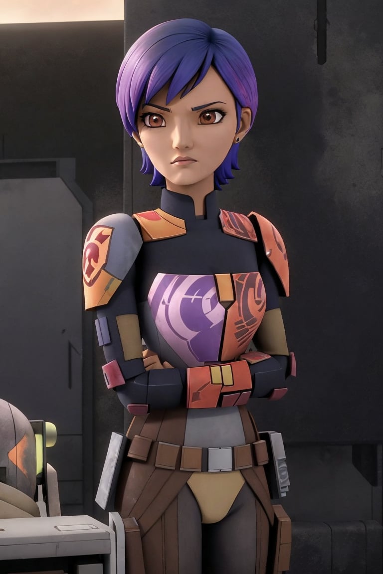 Best quality, Masterpiece, Sabine Wren, grew up, short hair, tanned skin, full very dark purple hair, brown eyes, grey chestplate, blue shoulders pads, leaning her back on ta wall, arms crossed in front of her chest, headquarters background.