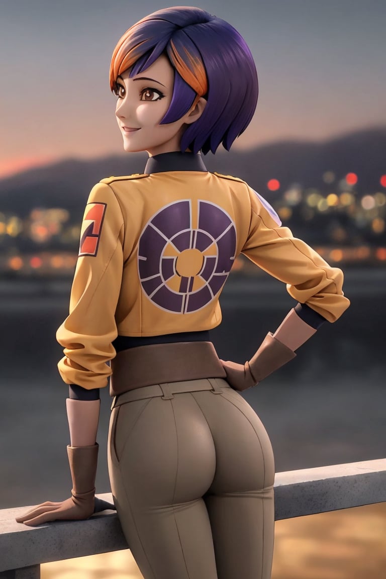 Best quality, Masterpiece, Sabine Wren, grew up, short hair, tanned skin, full dark purple hair, brown eyes, jacket, long sleeve jacket, orange jacket torso, yellow sleeves, gray pants, brown boots, one hand on the waist, back view, looking back, smile, dessert town background.