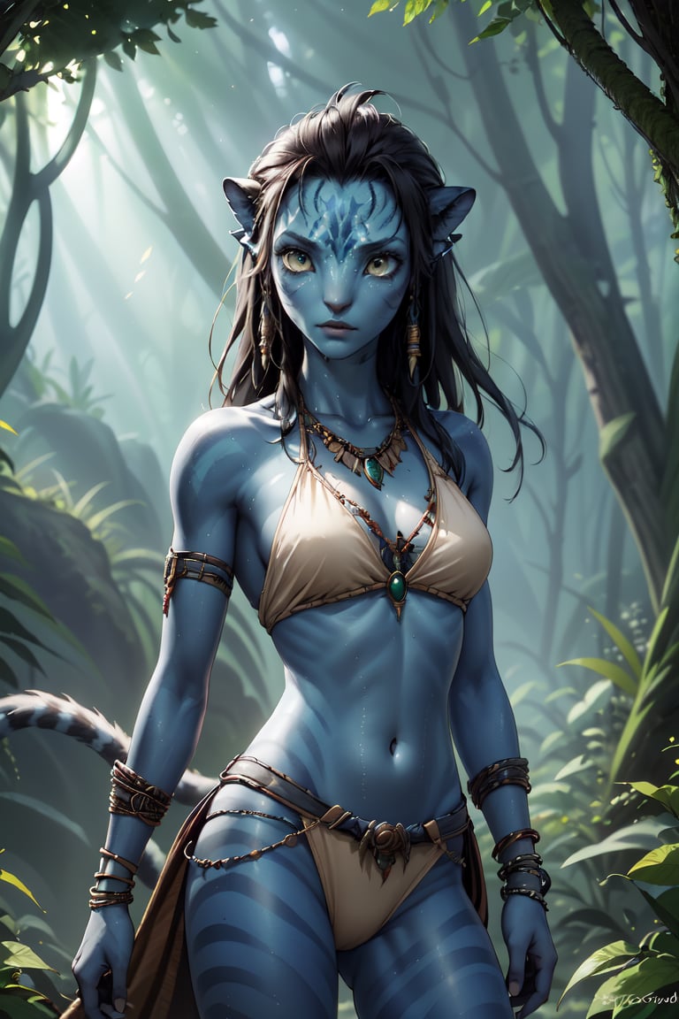 masterpiece, high_resolution, high_detailed, complex_background, alien_girl, blue_skin, striped, amber_eyes, sharped_ears, animal_tail, lioncloth, wodden_necklaces, bracelets, woods, na'vi