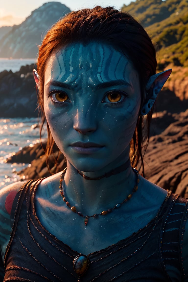 masterpiece, high_resolution, high_detailed, complex_background, portrait, face focus, alien_girl, blue_skin, tiny_breasts, striped, (amber_eyes:1.1), sharped_ears, wodden_necklaces, native alien girl, coast, landscape, na'vi,photorealistic