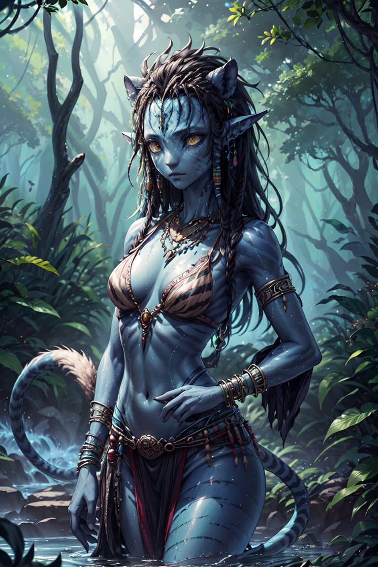 masterpiece, high_resolution, high_detailed, complex_background, alien_girl, blue_skin, tiny_breasts, striped, (amber_eyes:1.1), sharped_ears, animal_tail, lioncloth, wodden_necklaces, bracelets, native alien girl, woods, na'vi,fantasy00d