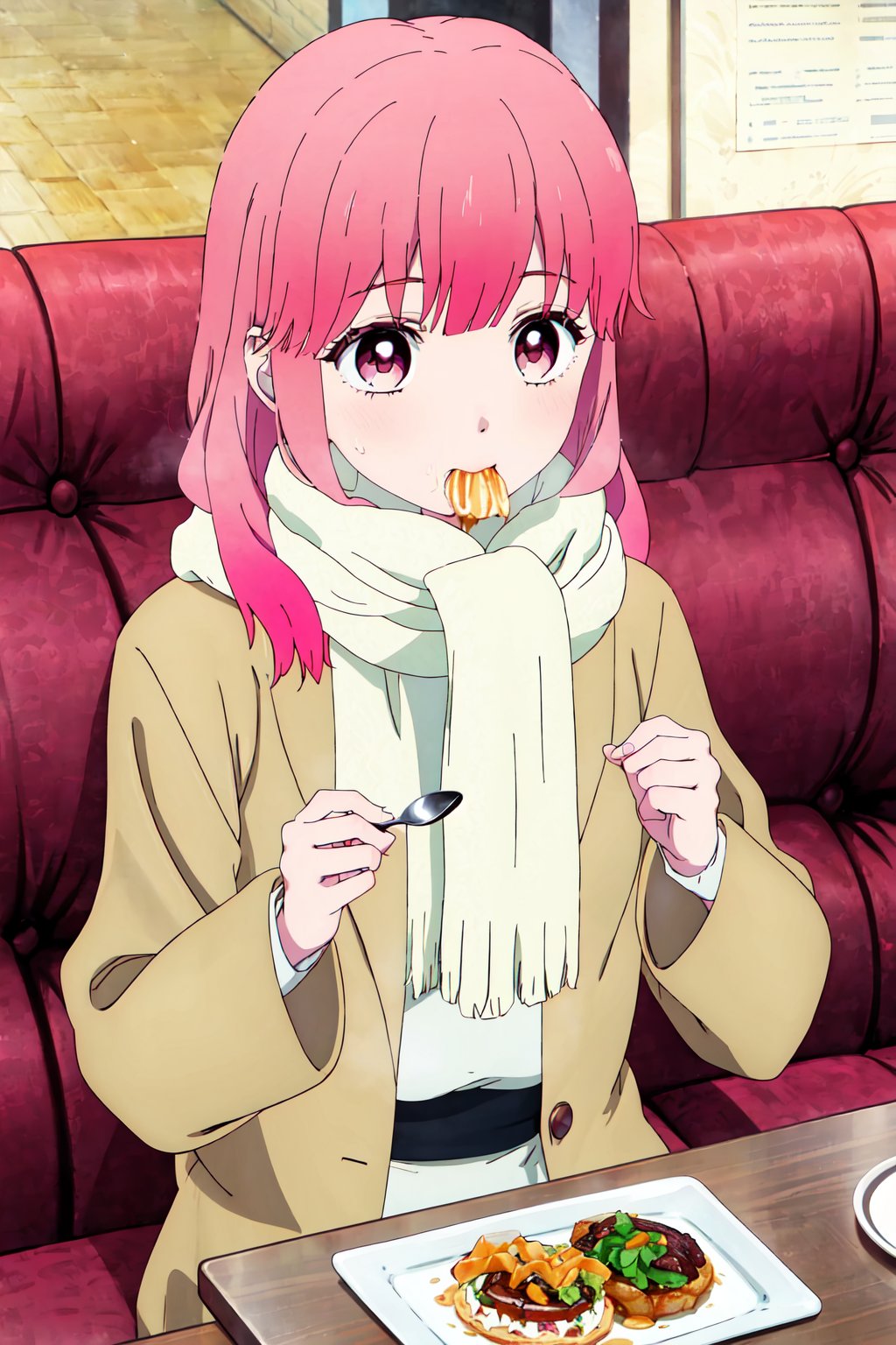 masterpiece, best quality, highres, 1girl, Yuki, long_hair, pink_hair, pink_eyes, scarf, coat, sitting, restaurant, eating, 