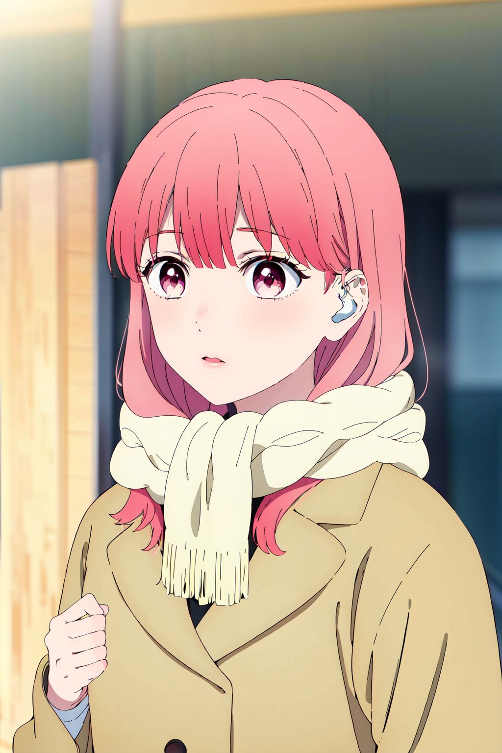 masterpiece, best quality, highres, 1girl, Yuki, long_hair, pink_hair, pink_eyes, scarf, coat, blurry, blurry_background,