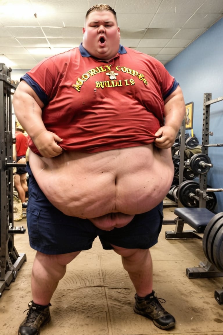 megachubsdxl, male, solo, oveweight, clothed, a candid photo, full body shot of morbidly obese 800 lbs arrogant male Marine corps drill sergeant with a powerlifter build yelling angrily, 