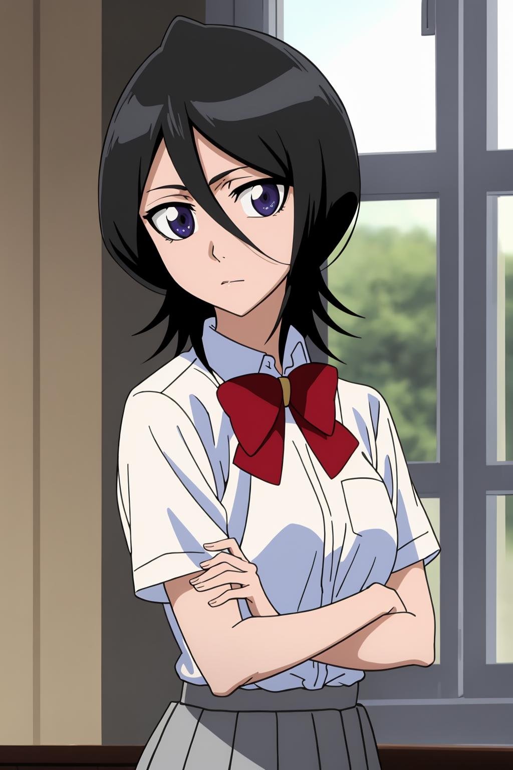 ((best quality)),((highly detailed)),masterpiece,absurdres,detailed face,beautiful face,(detailed eyes, deep eyes),1girl,((dynamic pose)) ,   <lora:RukiaV1:0.8>,Rukia, solo, black hair, hair between eyes, bow, looking at viewer, shirt, school uniform, white shirt, bowtie, red bow, short sleeves, closed mouth, short hair, cowboy shot, red bowtie, purple eyes, blurry, indoors, collared shirt, bangs, dress shirt, shiny hair, standing, ribbon, expressionless, window