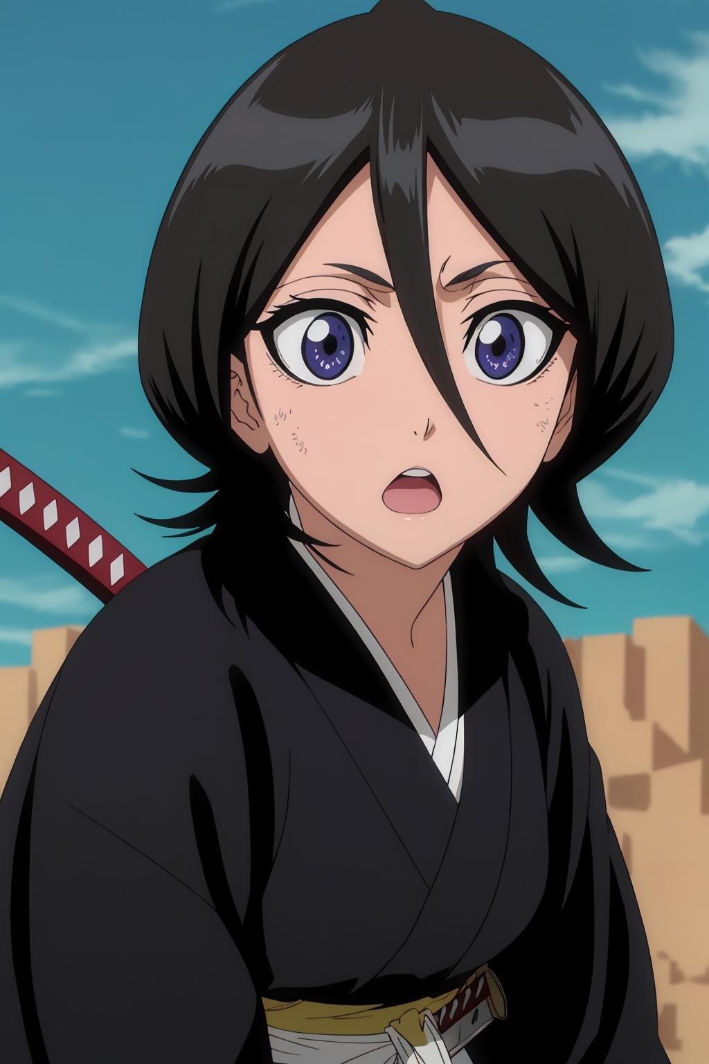 ((best quality)),((highly detailed)),masterpiece,absurdres,detailed face,beautiful face,(detailed eyes, deep eyes),1girl,((dynamic pose)) ,   <lora:RukiaV1:0.8>, Rukia, purple eyes, black hair, solo, weapon, sword, japanese clothes, day, open mouth, sky, black kimono, hair between eyes, cloud, short hair, kimono, outdoors, katana, long hair, blue sky, upper body, haori