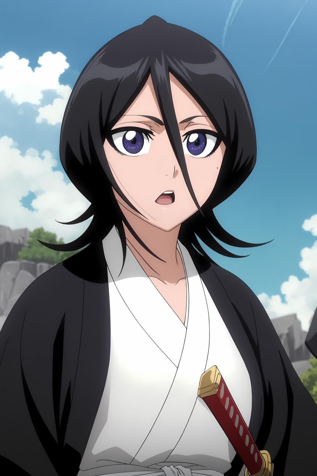 ((best quality)),((highly detailed)),masterpiece,absurdres,detailed face,beautiful face,(detailed eyes, deep eyes),1girl,((dynamic pose)) ,   <lora:RukiaV1:0.8>, Rukia, purple eyes, black hair, solo, weapon, sword, japanese clothes, day, open mouth, sky, black kimono, hair between eyes, cloud, short hair, kimono, outdoors, katana, long hair, blue sky, upper body, haori