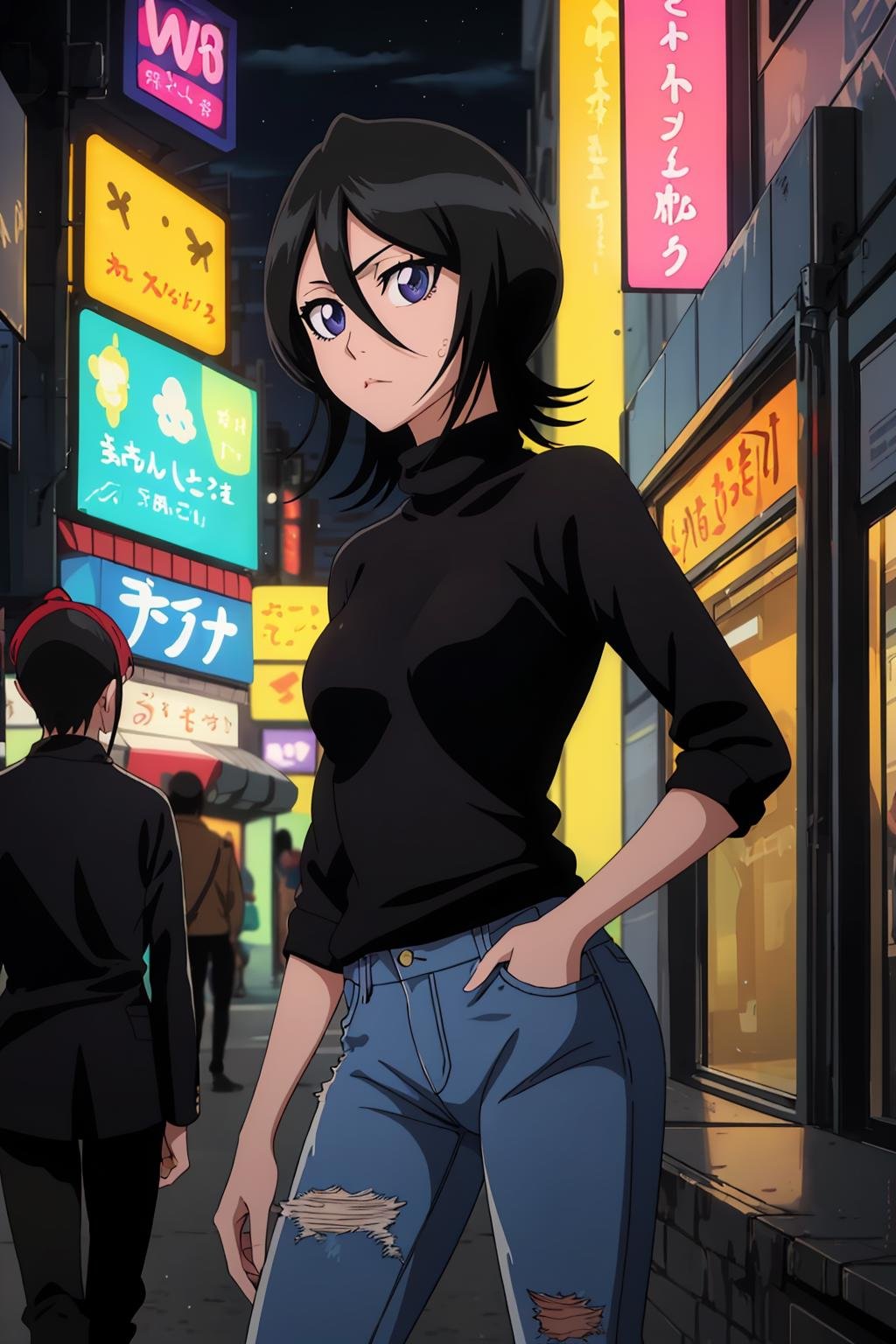 ((best quality)),((highly detailed)),masterpiece,absurdres,detailed face,beautiful face,(detailed eyes, deep eyes),1girl,((dynamic pose)) ,   <lora:RukiaV1:0.8>,Rukia, black hair, breasts, short hair, hair between eyes, purple eyes, small breasts, walking, at night, black turtleneck, (eyes looking away from the viewer:1.3, looking away from viewer:1.3), ripped jeans, hands in pocket, nighttime, city streets, neon signs, crowd behind,