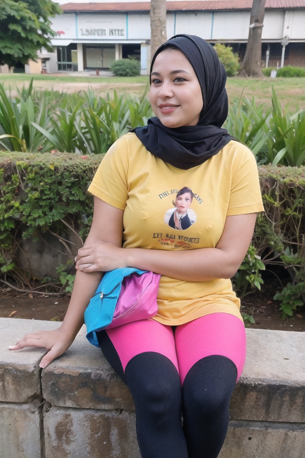 Hijab , best_quality, masterpiece, (photorealistic:1.4), 24 yo woman,curvy,hijab,wearing tight long tshirt, lycra bright leggings, enjoying the beauty of the sunrise in the morning,at the ricefield,sit, detailed,and hyperrealistic. The portrait reflects a photo-realistic quality and an expressive pose, smiling,full body, shooting from dslr,better_hands,igirl,Color Booster,hand bag,4k,hd,full colour,vivid color,laughing