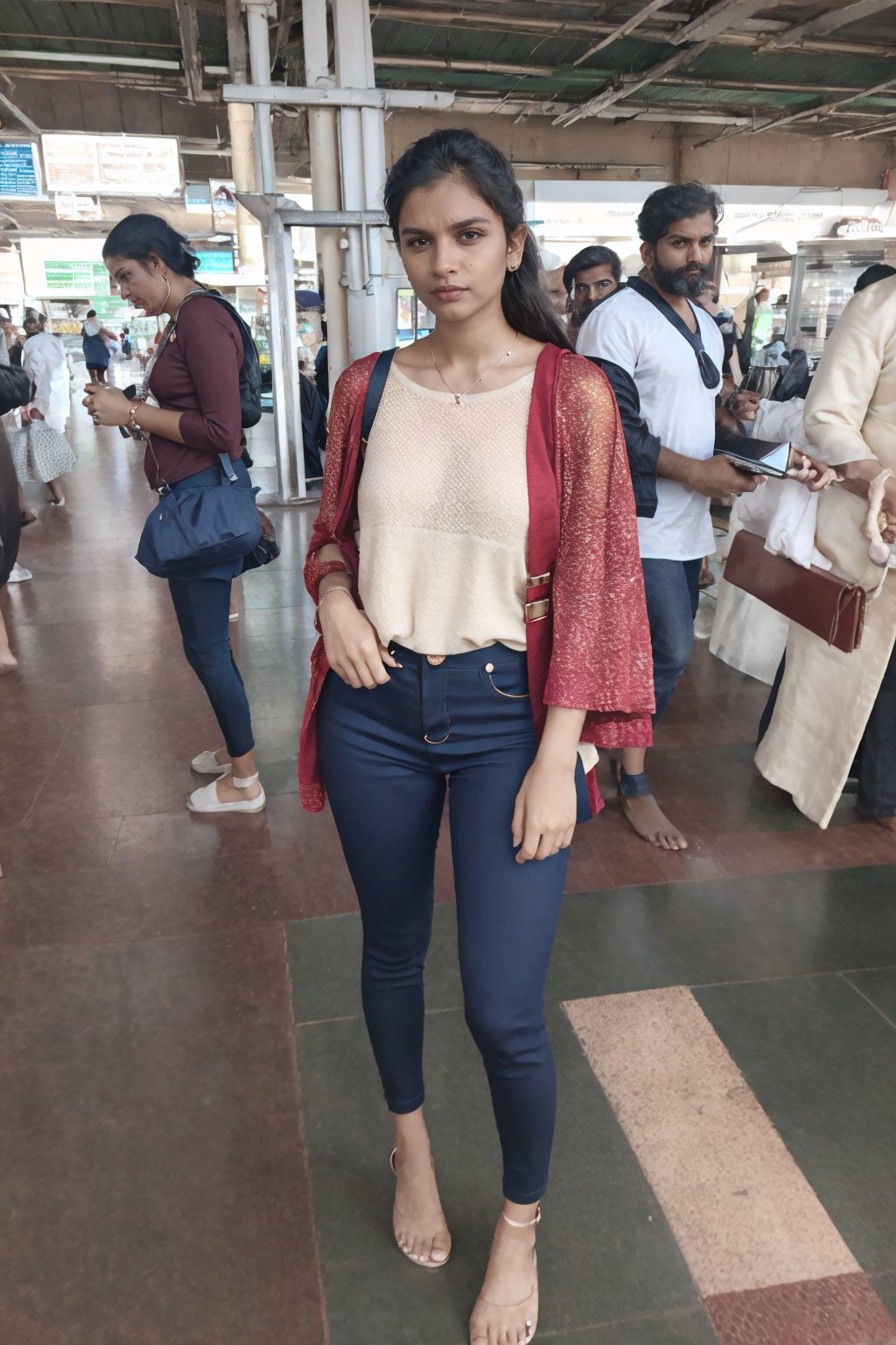 Ultra realistic full body photo of petite  italian female model  modeling upscale dolman sleeve travel inspired grunge knit silk outfit with cool metallic elements zippers buttons clips  in new york,Railway station,Thrissur